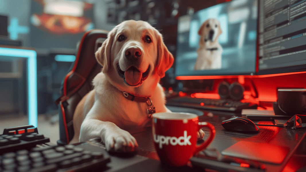 UpRock Dog Blogging at Desk